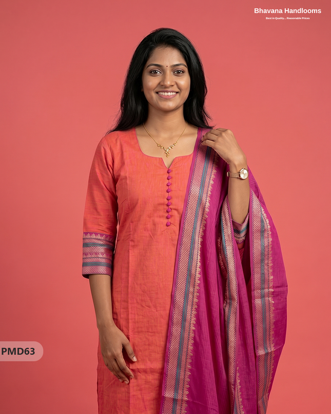 Pure Handloom Kurti Set with Chettinadu Border & Potli Balls | Coral Pink Colour Ethnic Wear