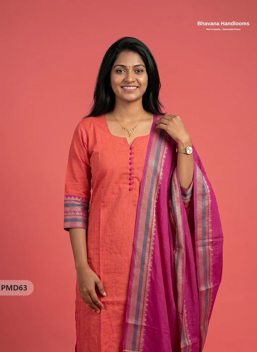 Pure Handloom Kurti Set with Chettinadu Border & Potli Balls | Coral Pink Colour Ethnic Wear