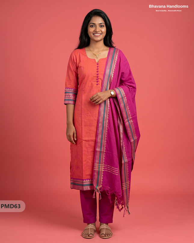 Pure Handloom Kurti Set with Chettinadu Border & Potli Balls | Coral Pink Colour Ethnic Wear