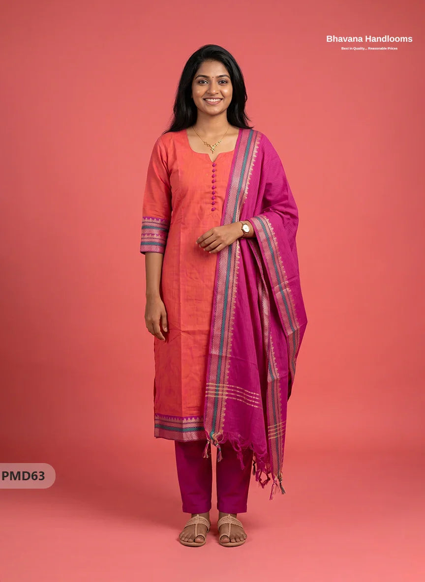 Pure Handloom Kurti Set with Chettinadu Border & Potli Balls | Coral Pink Colour Ethnic Wear