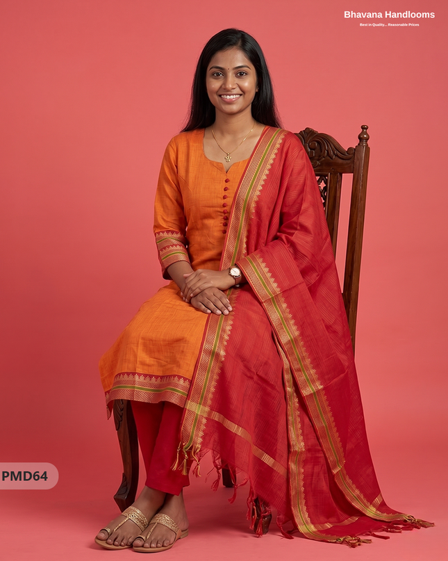 Pure Handloom Kurti Set with Chettinadu Border & Potli Balls | Orange Colour Ethnic Wear