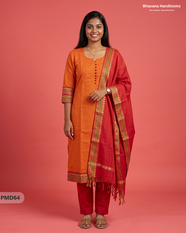 Pure Handloom Kurti Set with Chettinadu Border & Potli Balls | Orange Colour Ethnic Wear