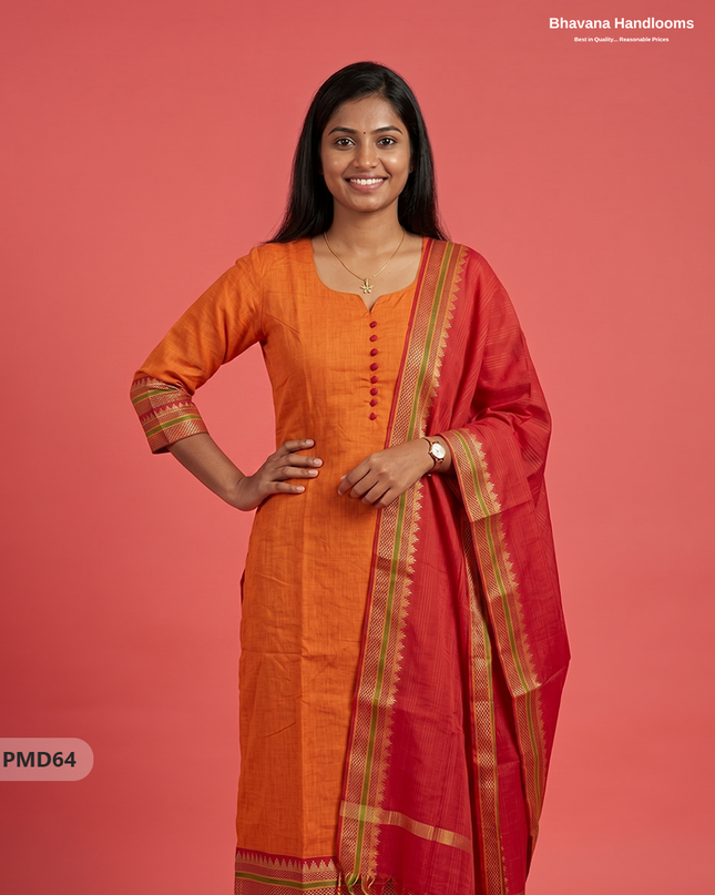 Pure Handloom Kurti Set with Chettinadu Border & Potli Balls | Orange Colour Ethnic Wear