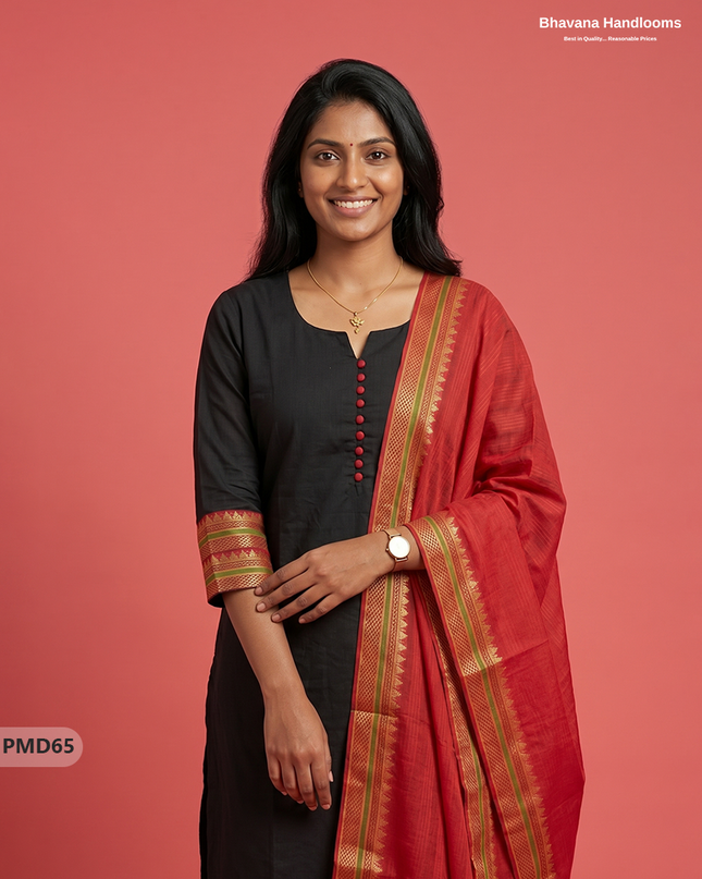 Pure Handloom Kurti Set with Chettinadu Border & Potli Balls | Black Colour Ethnic Wear