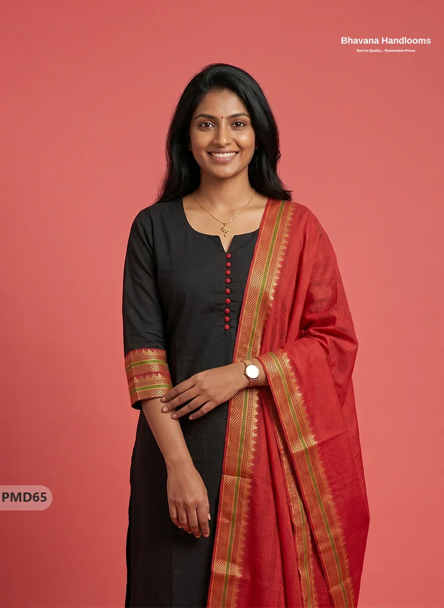 Pure Handloom Kurti Set with Chettinadu Border & Potli Balls | Black Colour Ethnic Wear