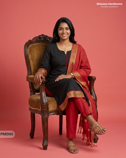 Pure Handloom Kurti Set with Chettinadu Border & Potli Balls | Black Colour Ethnic Wear