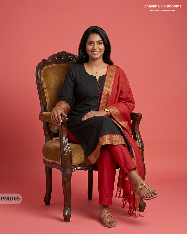 Pure Handloom Kurti Set with Chettinadu Border & Potli Balls | Black Colour Ethnic Wear