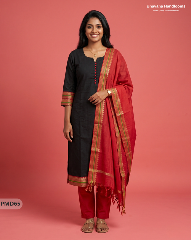 Pure Handloom Kurti Set with Chettinadu Border & Potli Balls | Black Colour Ethnic Wear