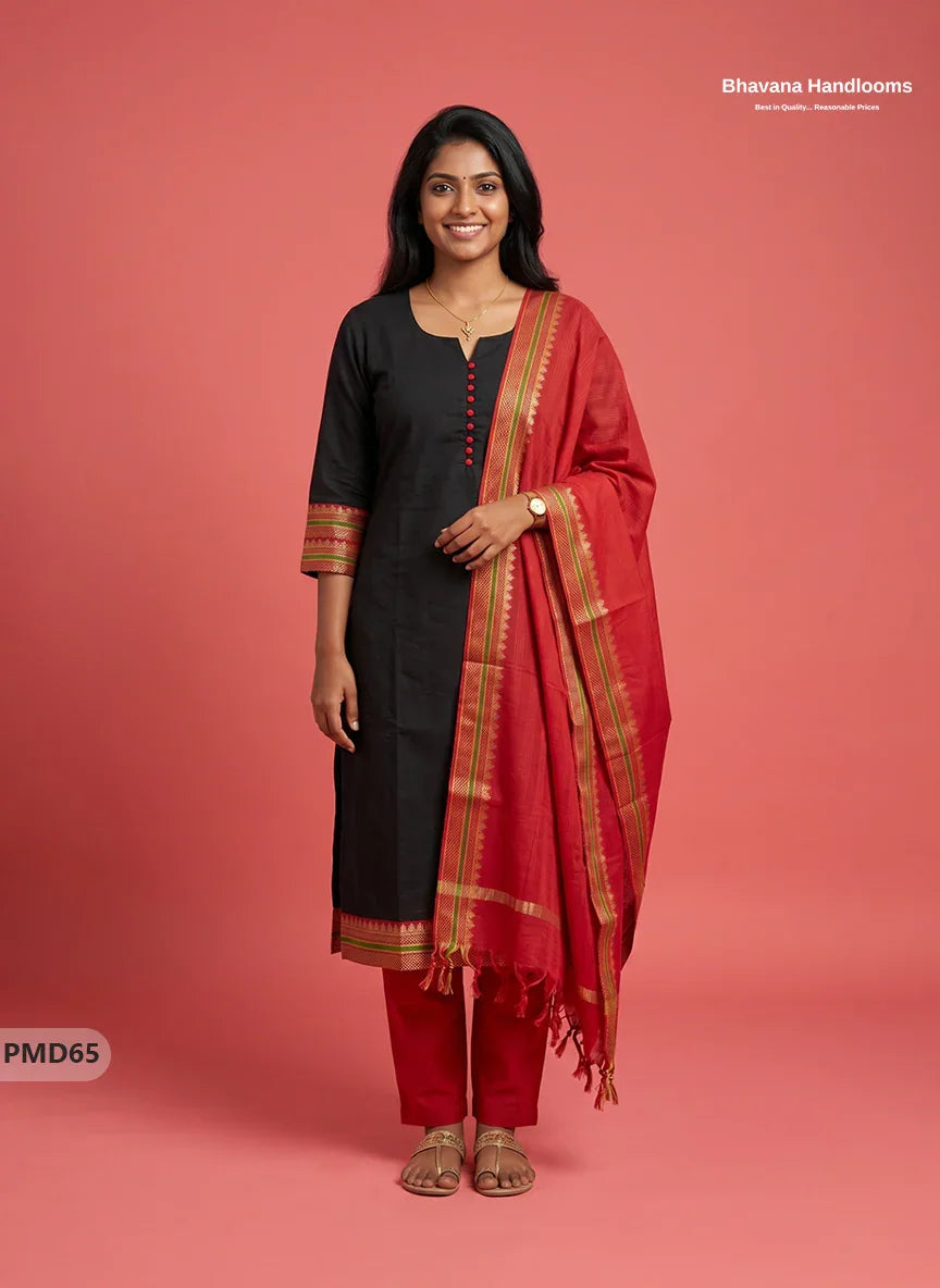 Pure Handloom Kurti Set with Chettinadu Border & Potli Balls | Black Colour Ethnic Wear