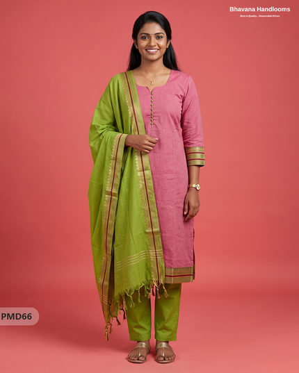 Pure Handloom Kurti Set with Chettinadu Border & Potli Balls | Onion Pink Colour Ethnic Wear