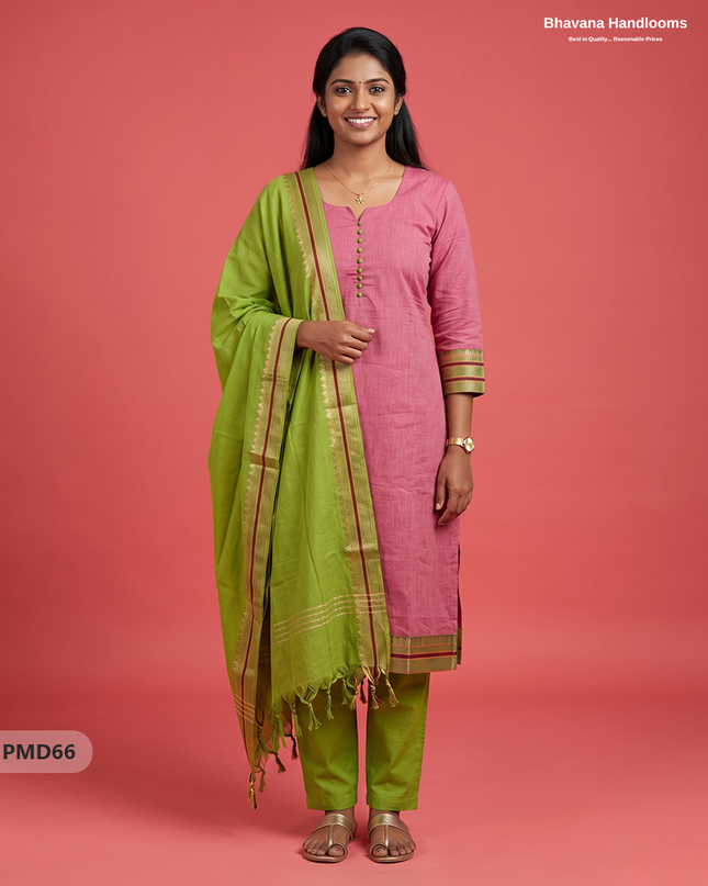 Pure Handloom Kurti Set with Chettinadu Border & Potli Balls | Onion Pink Colour Ethnic Wear