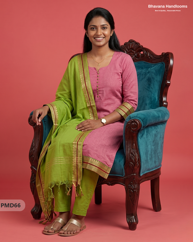 Pure Handloom Kurti Set with Chettinadu Border & Potli Balls | Onion Pink Colour Ethnic Wear