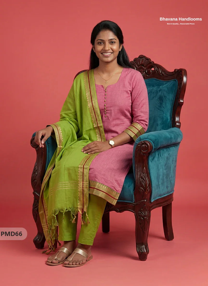 Pure Handloom Kurti Set with Chettinadu Border & Potli Balls | Onion Pink Colour Ethnic Wear