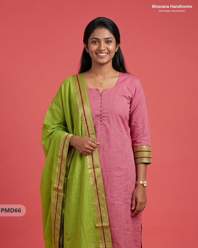 Pure Handloom Kurti Set with Chettinadu Border & Potli Balls | Onion Pink Colour Ethnic Wear