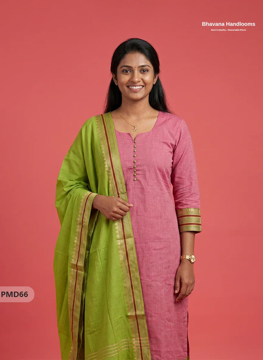 Pure Handloom Kurti Set with Chettinadu Border & Potli Balls | Onion Pink Colour Ethnic Wear