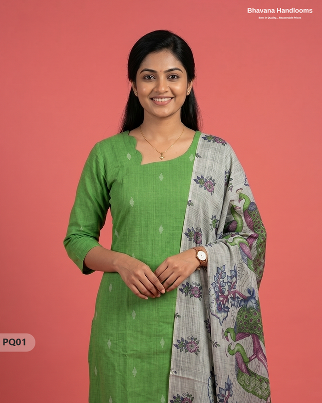 Green Jacquard 3PC Kurti Set with Peacock Dupatta & Elastic Pant | Bhavana Handlooms