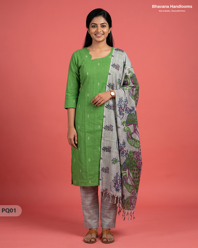 Green Jacquard 3PC Kurti Set with Peacock Dupatta & Elastic Pant | Bhavana Handlooms