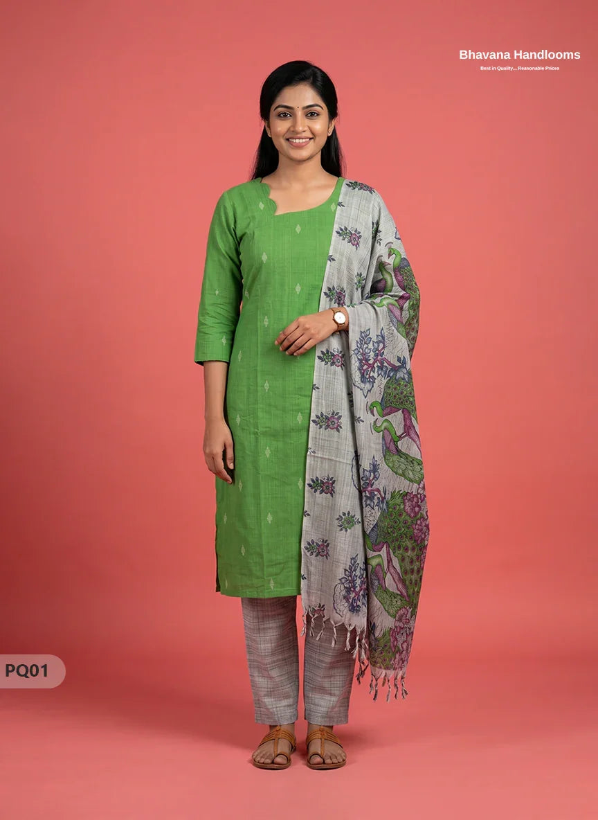 Green Jacquard 3PC Kurti Set with Peacock Dupatta & Elastic Pant | Bhavana Handlooms
