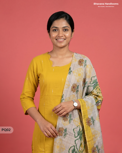 Mustard Yellow Jacquard 3PC Kurti Set with Peacock Dupatta & Elastic Pant | Bhavana Handlooms