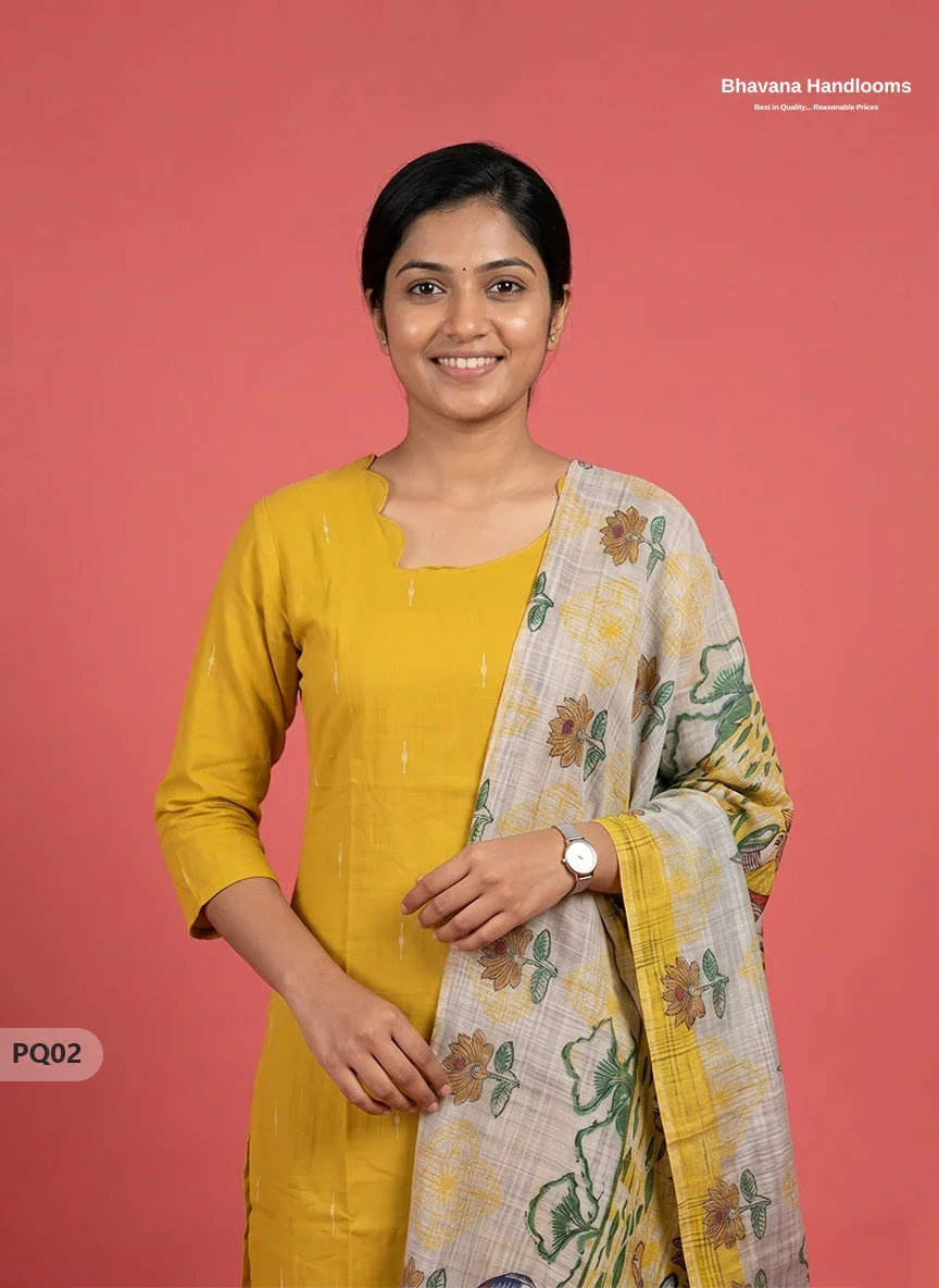 Mustard Yellow Jacquard 3PC Kurti Set with Peacock Dupatta & Elastic Pant | Bhavana Handlooms