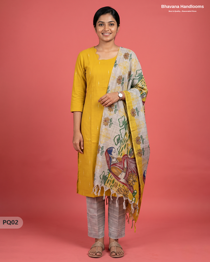 Mustard Yellow Jacquard 3PC Kurti Set with Peacock Dupatta & Elastic Pant | Bhavana Handlooms