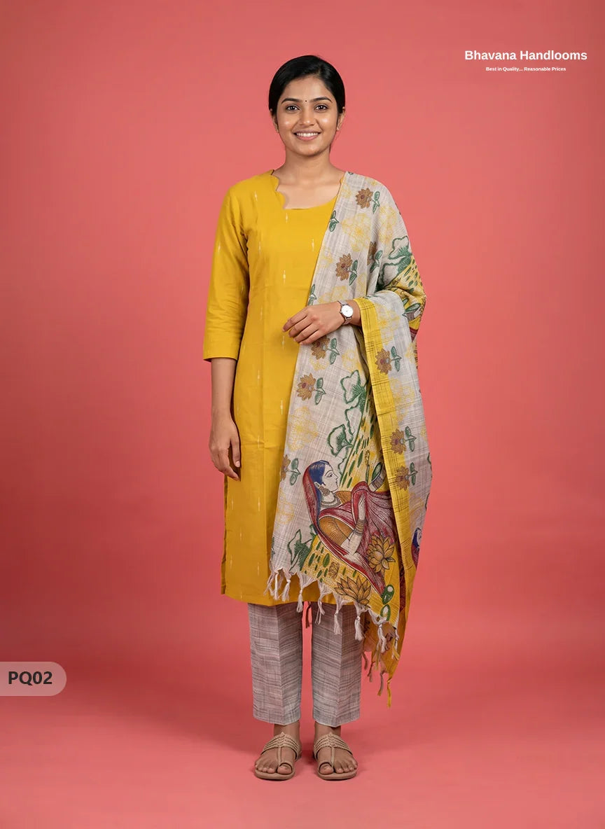 Mustard Yellow Jacquard 3PC Kurti Set with Peacock Dupatta & Elastic Pant | Bhavana Handlooms