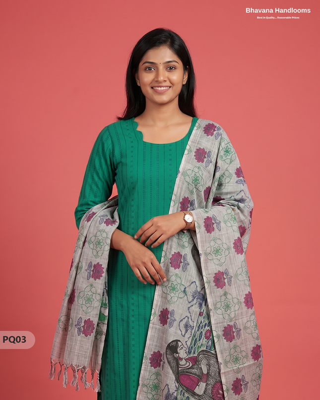 Teal Green Jacquard 3PC Kurti Set with Peacock Dupatta & Elastic Pant | Bhavana Handlooms