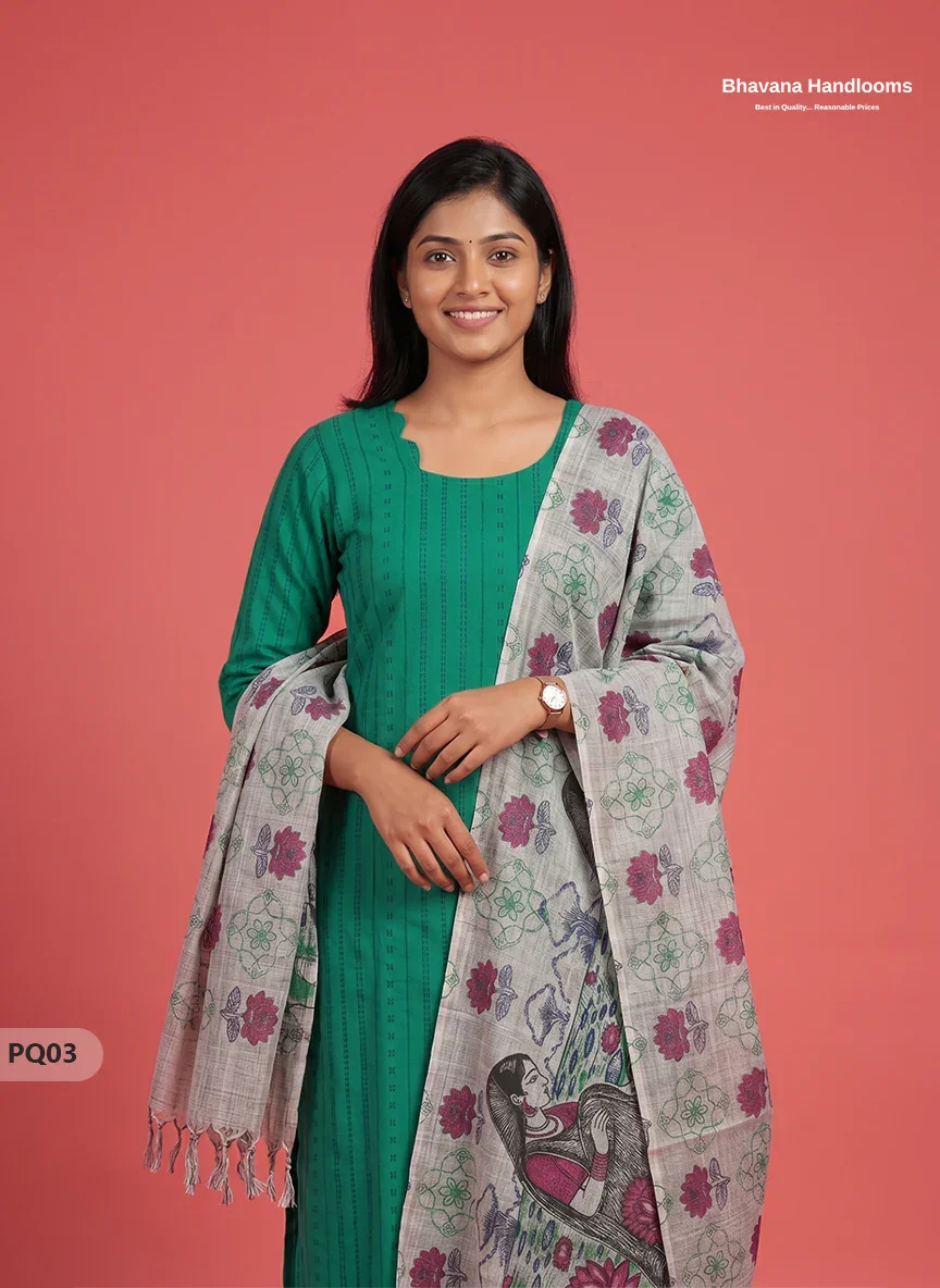 Teal Green Jacquard 3PC Kurti Set with Peacock Dupatta & Elastic Pant | Bhavana Handlooms