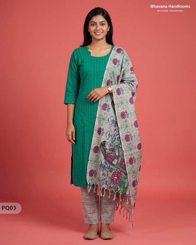 Teal Green Jacquard 3PC Kurti Set with Peacock Dupatta & Elastic Pant | Bhavana Handlooms