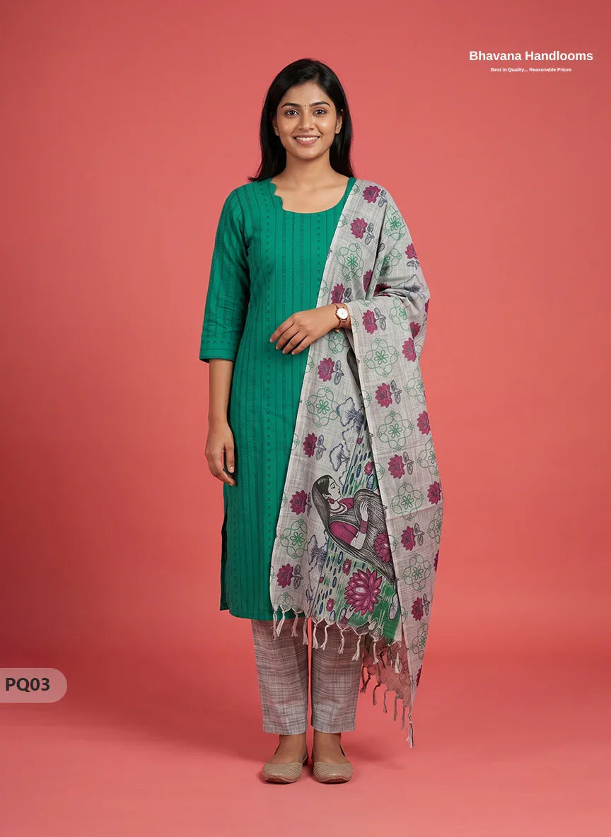 Teal Green Jacquard 3PC Kurti Set with Peacock Dupatta & Elastic Pant | Bhavana Handlooms