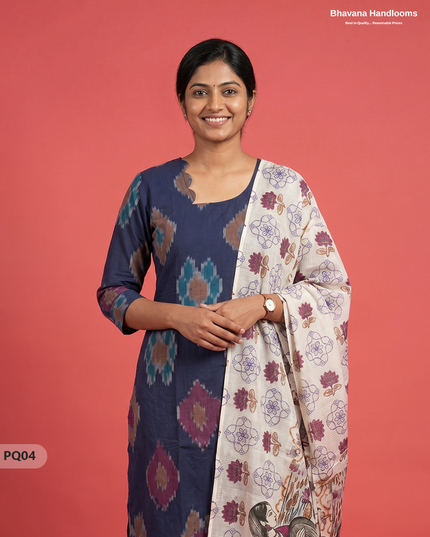 Navy Blue Jacquard 3PC Kurti Set with Peacock Dupatta & Elastic Pant | Bhavana Handlooms