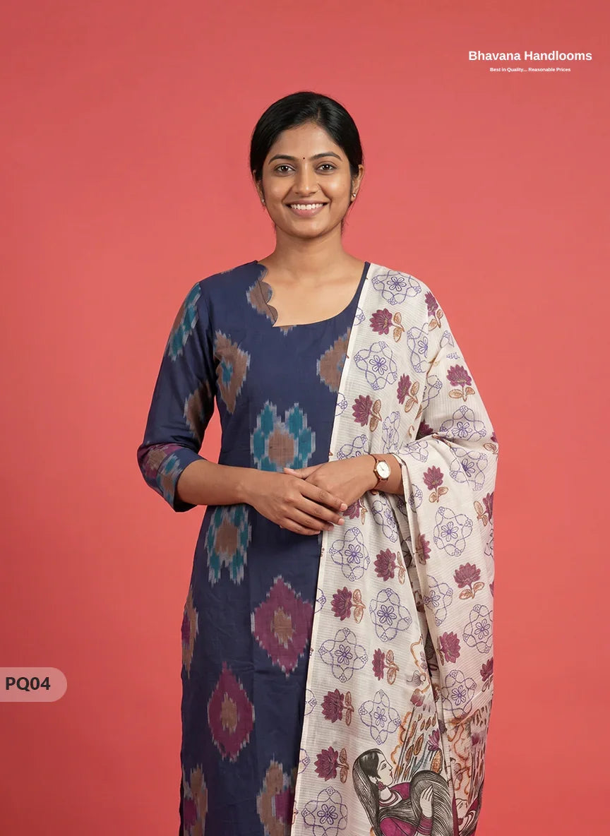 Navy Blue Jacquard 3PC Kurti Set with Peacock Dupatta & Elastic Pant | Bhavana Handlooms