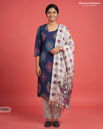 Navy Blue Jacquard 3PC Kurti Set with Peacock Dupatta & Elastic Pant | Bhavana Handlooms