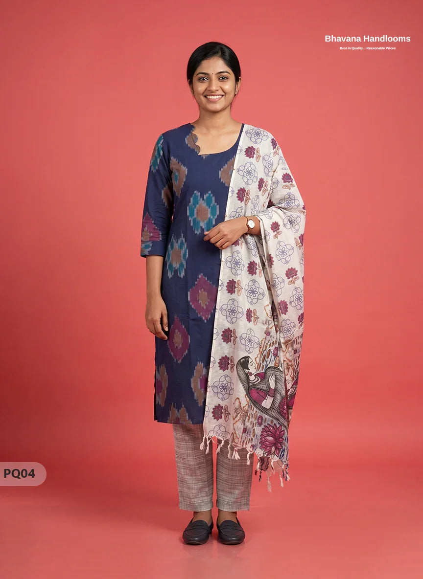 Navy Blue Jacquard 3PC Kurti Set with Peacock Dupatta & Elastic Pant | Bhavana Handlooms