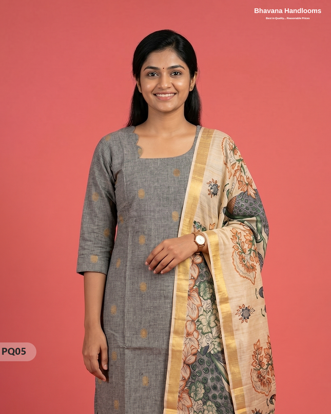 Steel Grey Jacquard 3PC Kurti Set with Peacock Dupatta & Elastic Pant | Bhavana Handlooms