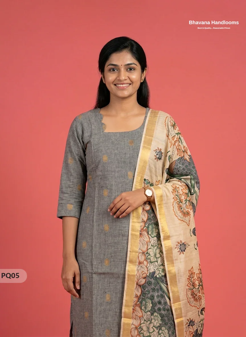 Steel Grey Jacquard 3PC Kurti Set with Peacock Dupatta & Elastic Pant | Bhavana Handlooms