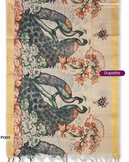 Steel Grey Jacquard 3PC Kurti Set with Peacock Dupatta & Elastic Pant | Bhavana Handlooms