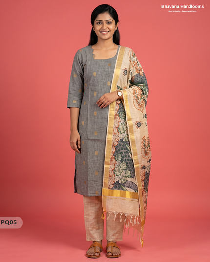 Steel Grey Jacquard 3PC Kurti Set with Peacock Dupatta & Elastic Pant | Bhavana Handlooms