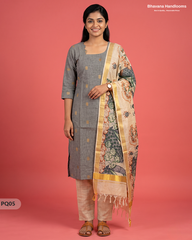 Steel Grey Jacquard 3PC Kurti Set with Peacock Dupatta & Elastic Pant | Bhavana Handlooms