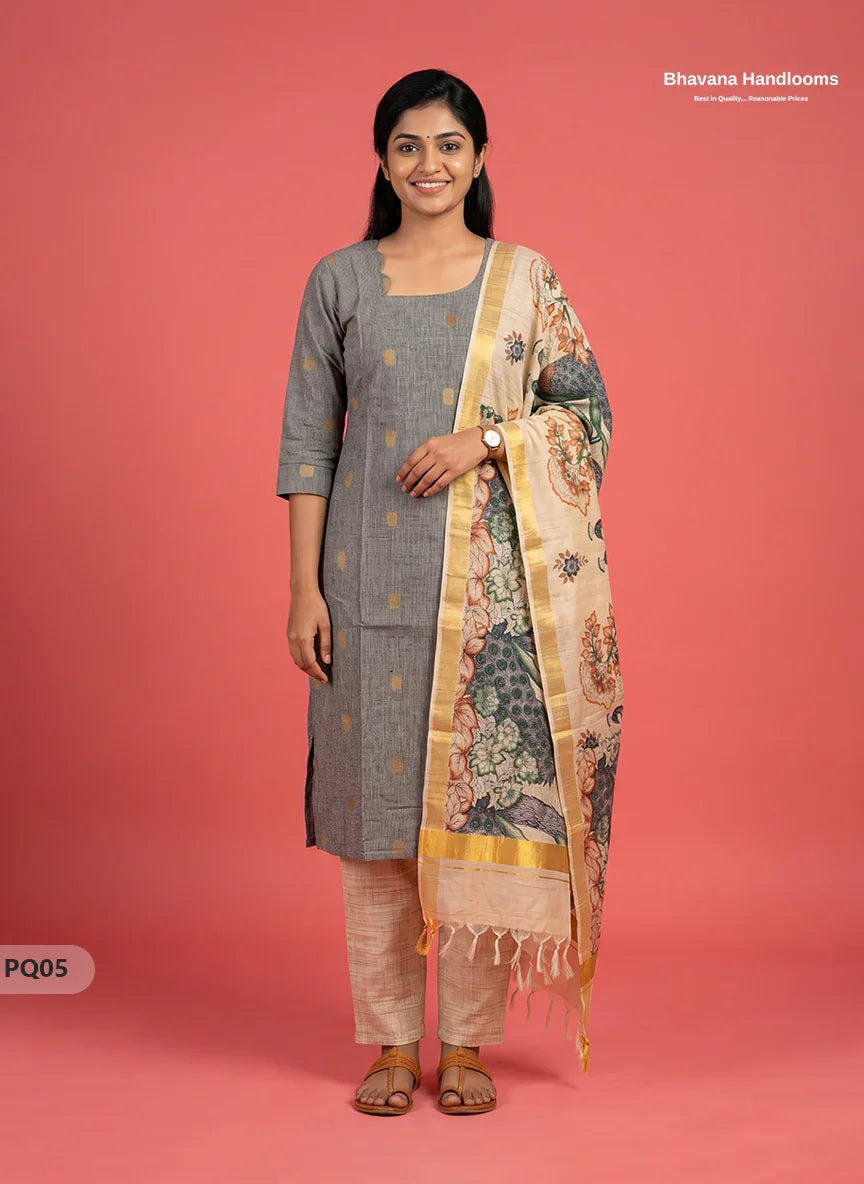 Steel Grey Jacquard 3PC Kurti Set with Peacock Dupatta & Elastic Pant | Bhavana Handlooms