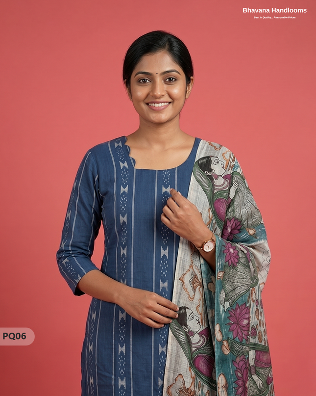 Royal Blue Jacquard 3PC Kurti Set with Peacock Dupatta & Elastic Pant | Bhavana Handlooms