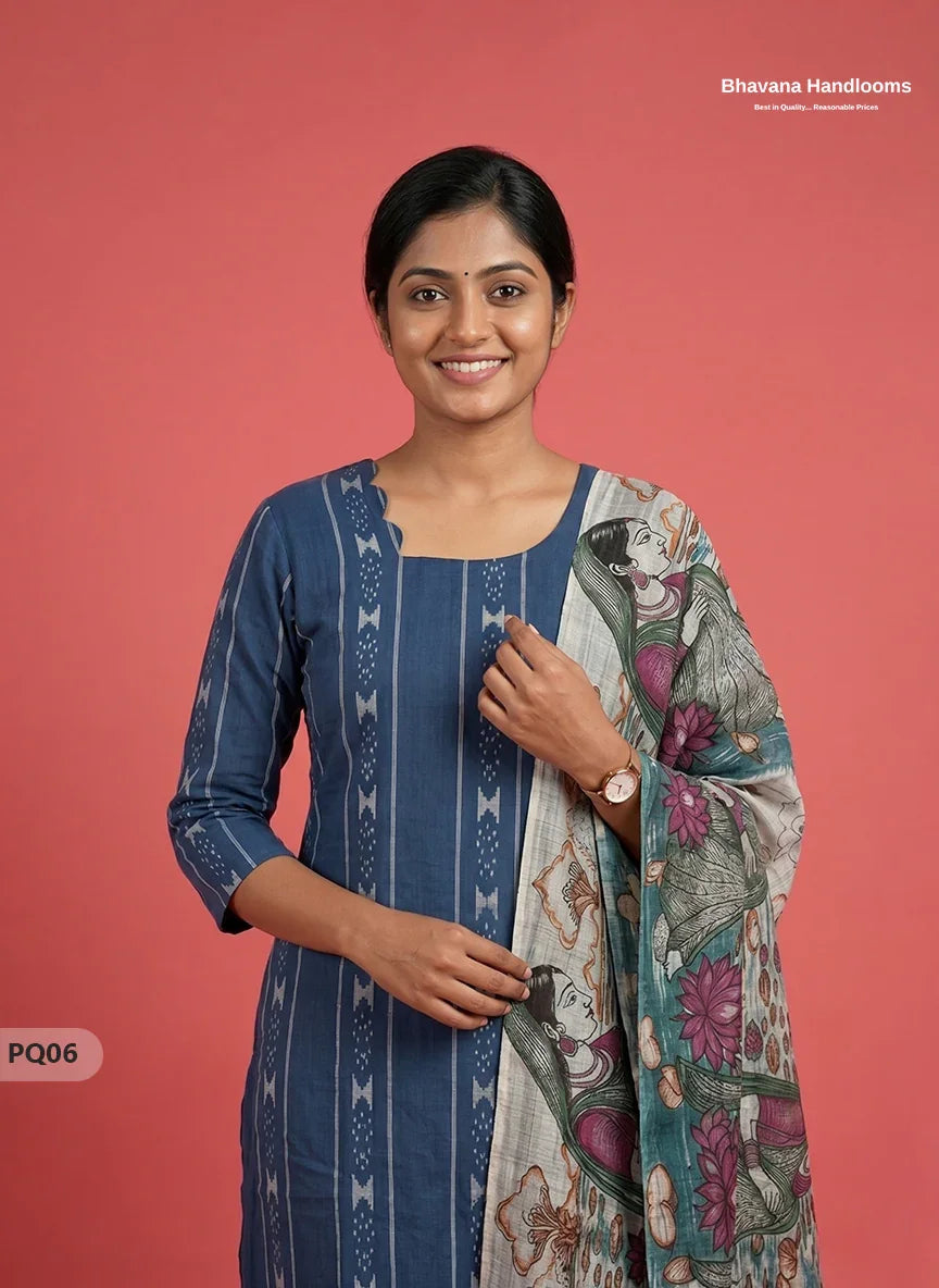 Royal Blue Jacquard 3PC Kurti Set with Peacock Dupatta & Elastic Pant | Bhavana Handlooms