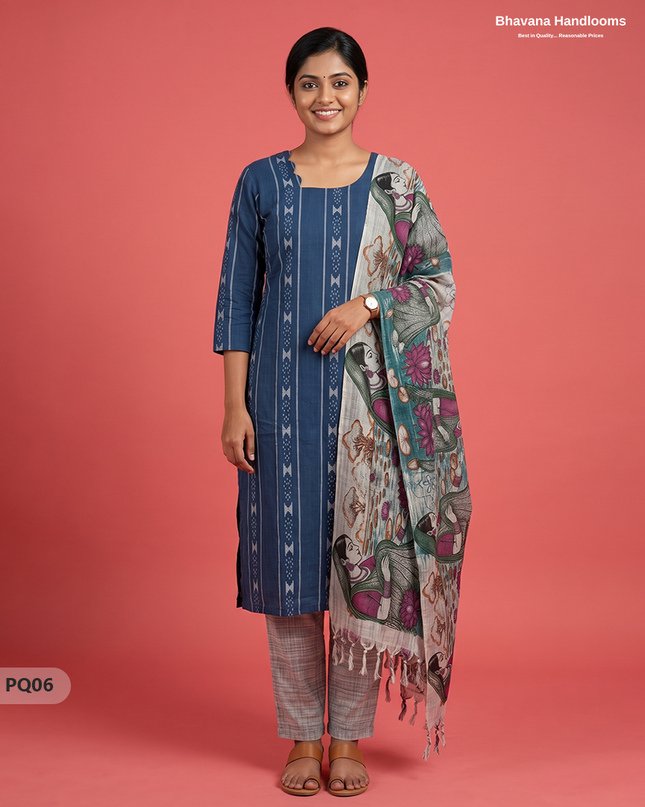 Royal Blue Jacquard 3PC Kurti Set with Peacock Dupatta & Elastic Pant | Bhavana Handlooms