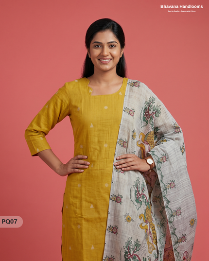 Mustard Yellow Jacquard 3PC Kurti Set with Peacock Dupatta & Elastic Pant | Bhavana Handlooms