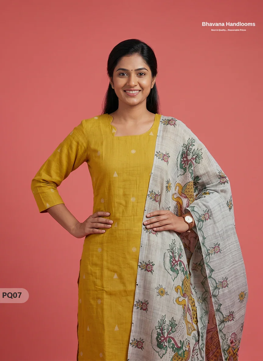 Mustard Yellow Jacquard 3PC Kurti Set with Peacock Dupatta & Elastic Pant | Bhavana Handlooms
