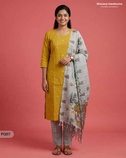 Mustard Yellow Jacquard 3PC Kurti Set with Peacock Dupatta & Elastic Pant | Bhavana Handlooms
