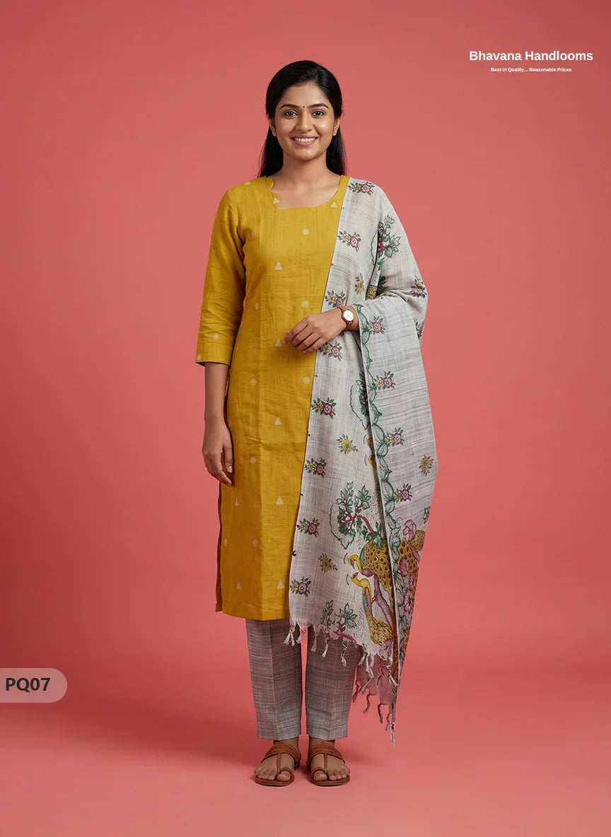 Mustard Yellow Jacquard 3PC Kurti Set with Peacock Dupatta & Elastic Pant | Bhavana Handlooms