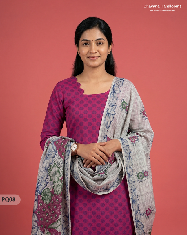 Rani Pink Jacquard 3PC Kurti Set with Peacock Dupatta & Elastic Pant | Bhavana Handlooms