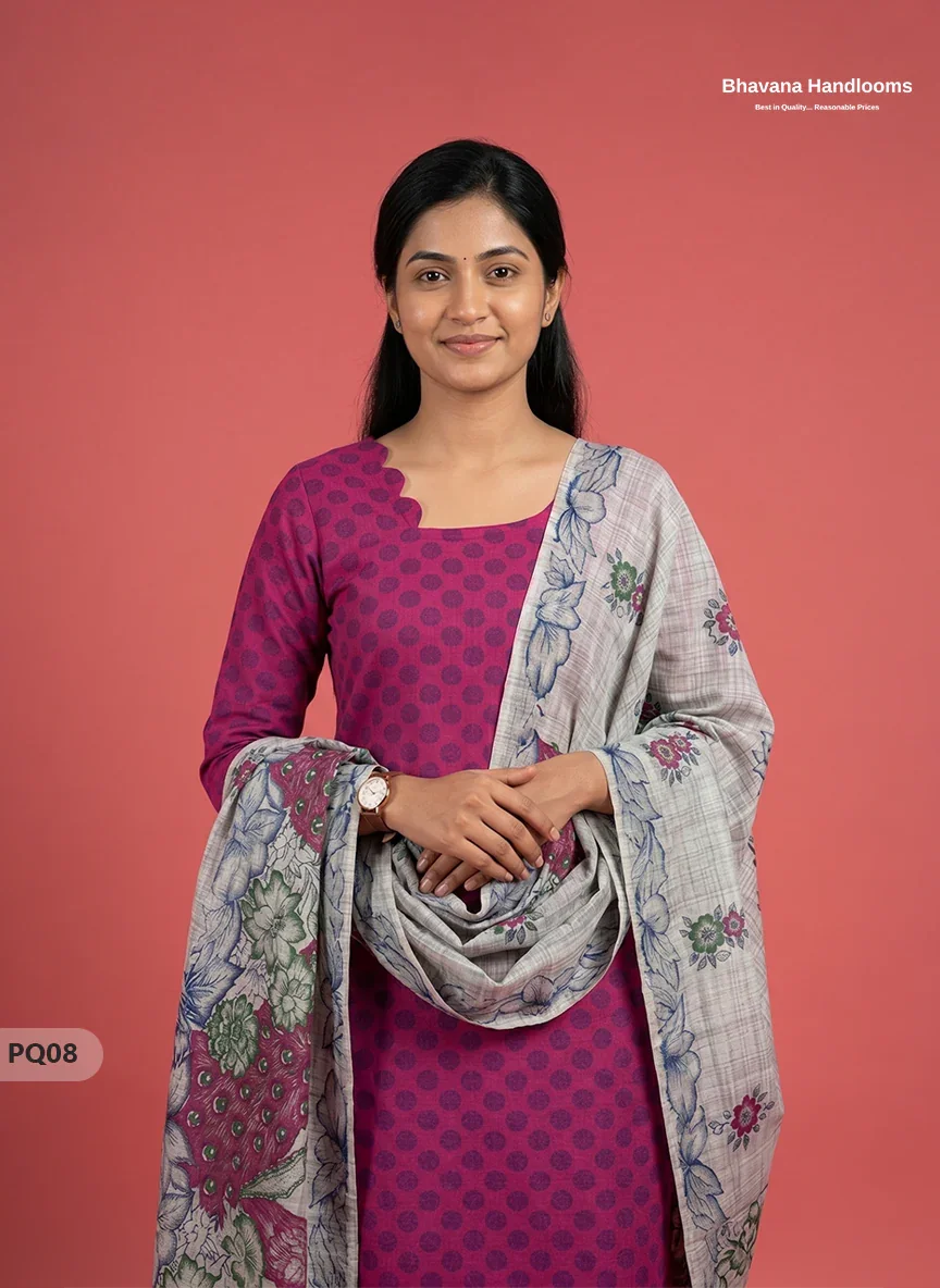 Rani Pink Jacquard 3PC Kurti Set with Peacock Dupatta & Elastic Pant | Bhavana Handlooms