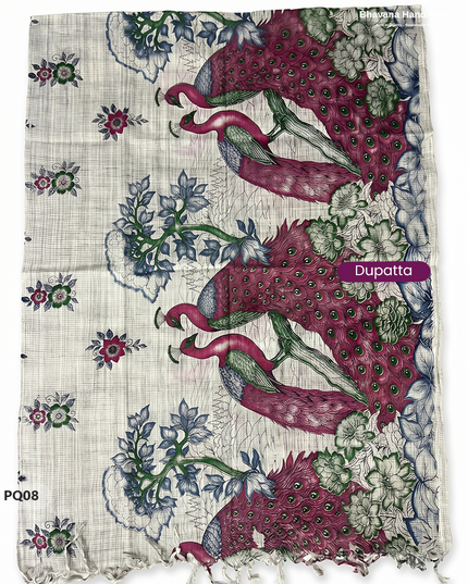 Rani Pink Jacquard 3PC Kurti Set with Peacock Dupatta & Elastic Pant | Bhavana Handlooms